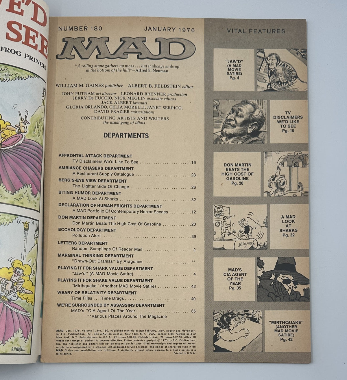 Table of Contents for MAD Magazine No. 180 January 1976, listing humorous articles and features including the spoof 'Jawd' and various comedic departments.