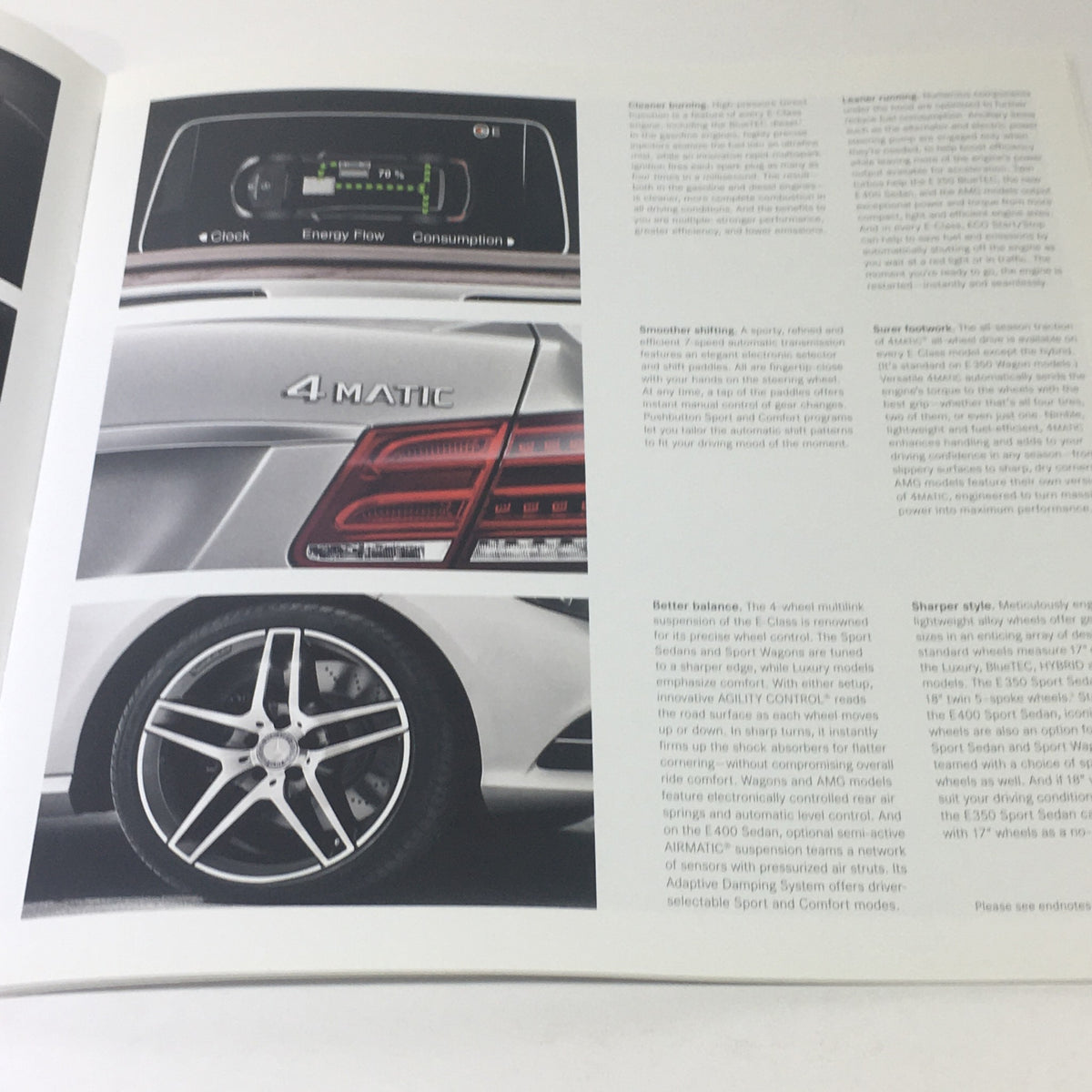 2015 Mercedes-Benz E-Class Sedans & Wagon Dealership Car Auto Brochure Catalog highlighting the dashboard features of the 4MATIC model with a focus on energy consumption display.