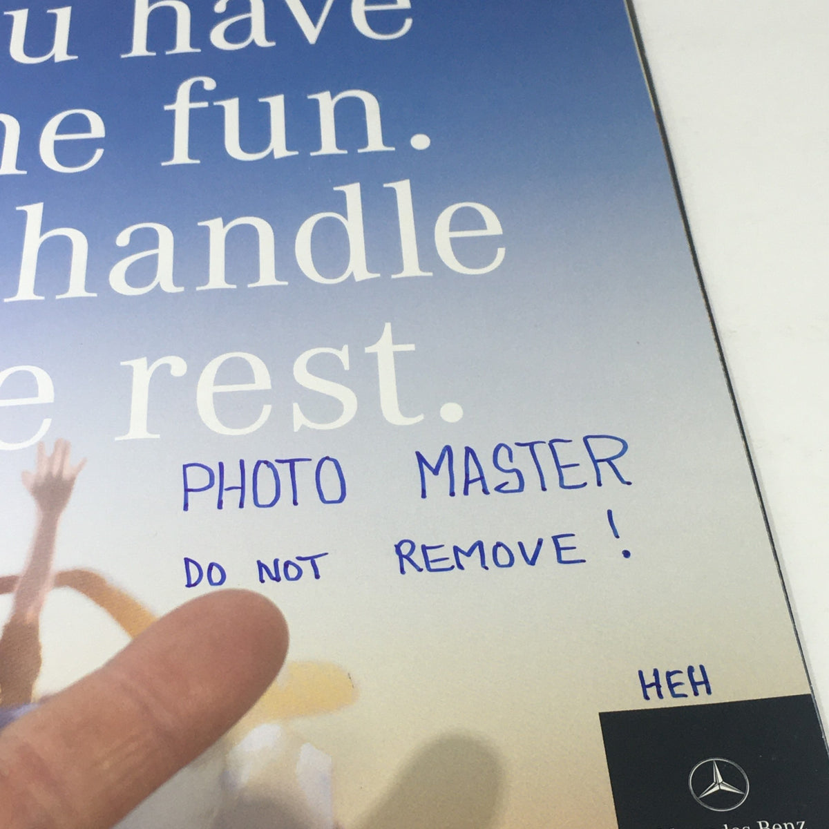 Close-up view of the 2001 Mercedes-Benz SLK-Class Dealership Car Auto Brochure Catalog cover, highlighting handwritten text that says 'PHOTO MASTER DO NOT REMOVE!'