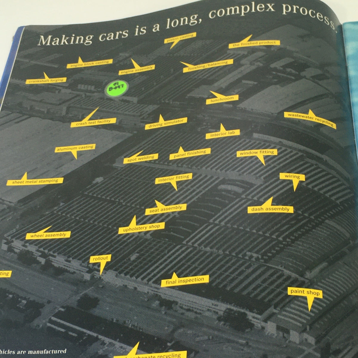 Diagram showing the manufacturing process for the 2001 Mercedes-Benz SLK-Class, labeled with facility areas such as assembly, paint shop, and quality control. 2001 Mercedes-Benz SLK-Class Dealership Car Auto Brochure Catalog.