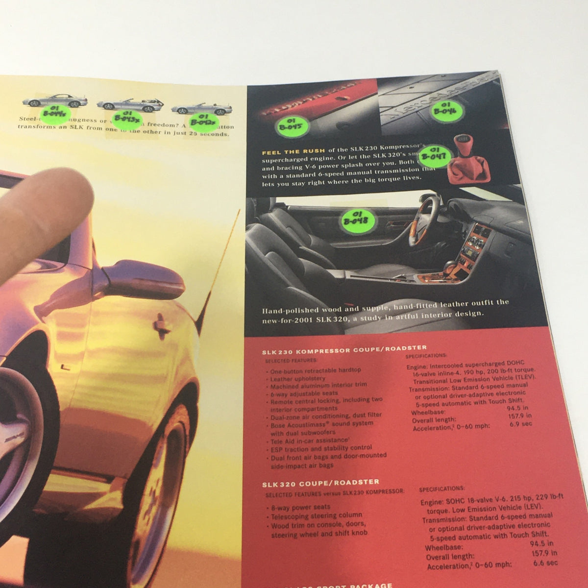 Image of the 2001 Mercedes-Benz SLK320 interior and features, highlighting luxury details and specifications. 2001 Mercedes-Benz SLK-Class Dealership Car Auto Brochure Catalog.
