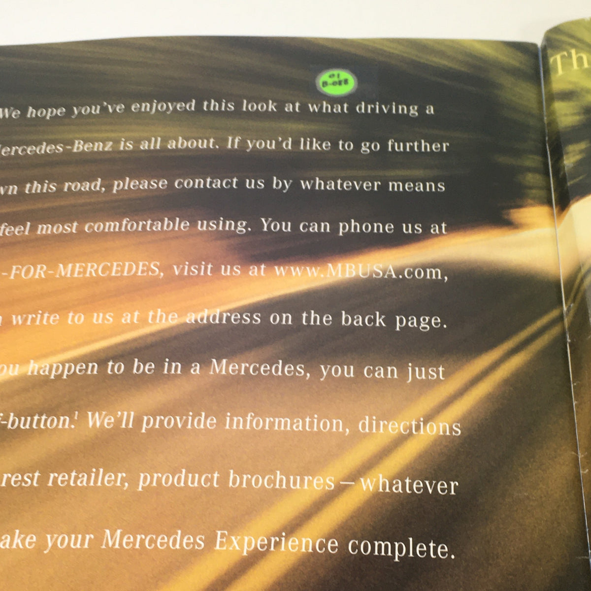 Text page from the brochure discussing the Mercedes-Benz experience and how to get more information about the 2001 SLK-Class. 2001 Mercedes-Benz SLK-Class Dealership Car Auto Brochure Catalog.