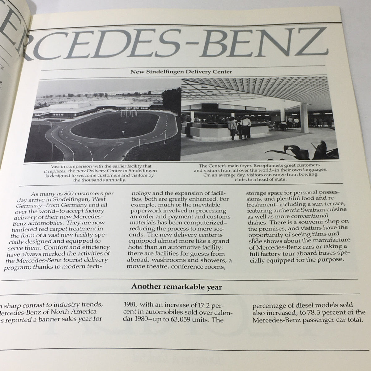 1982 Mercedes-Benz Volume V Dealership Car Auto Brochure Catalog featuring the New Sindelfingen Delivery Center, highlighting customer experiences.