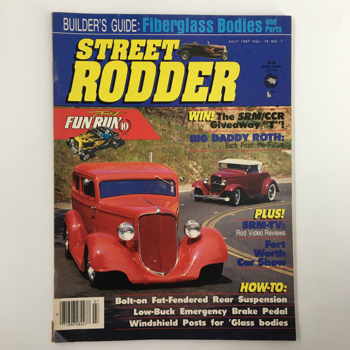 Street Rodder Magazine July 1987 cover featuring Big Daddy Roth and classic hot rod cars, showcasing vibrant graphics and automotive culture.