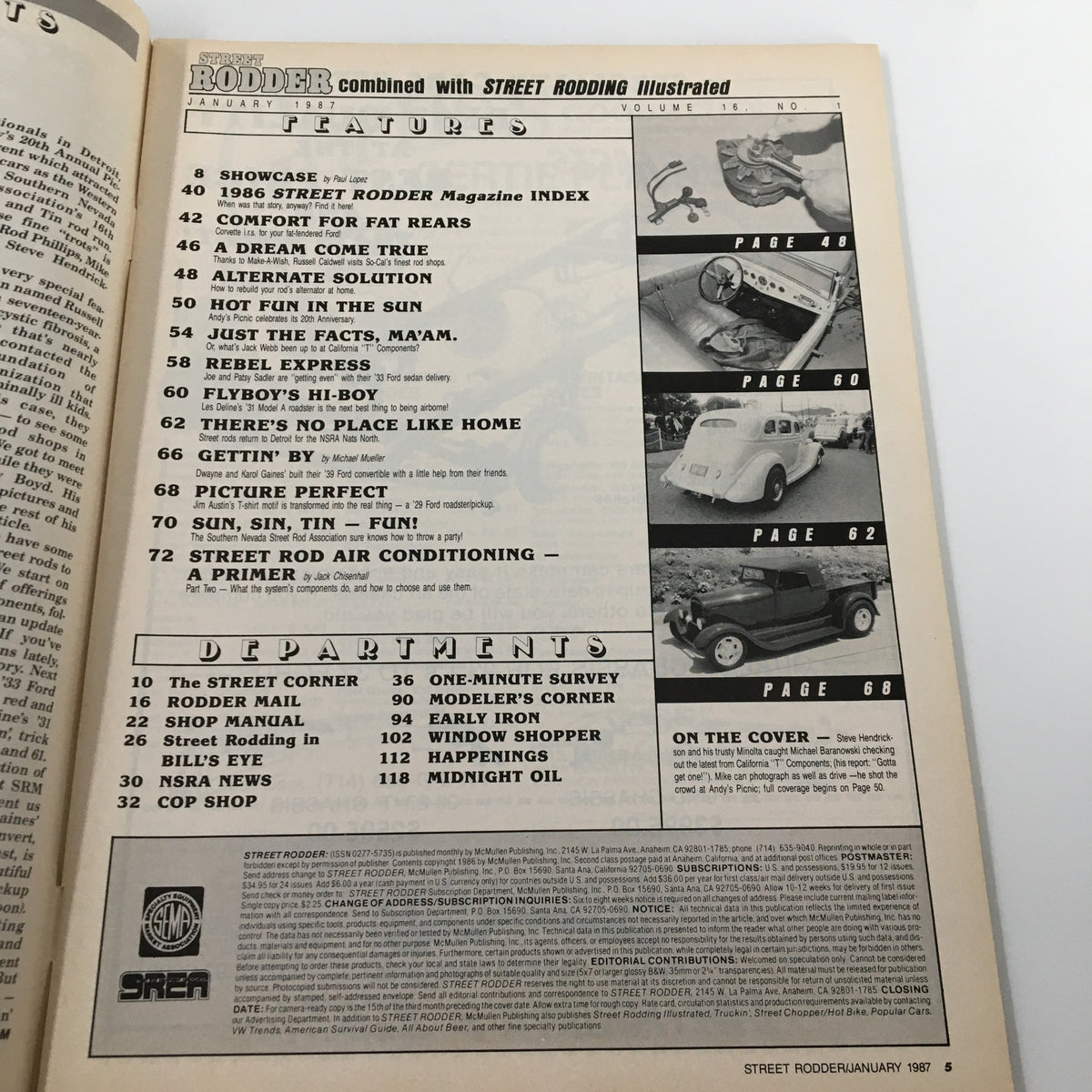 Interior page of Street Rodder Magazine January 1987 displaying the table of contents and featured articles from the issue.