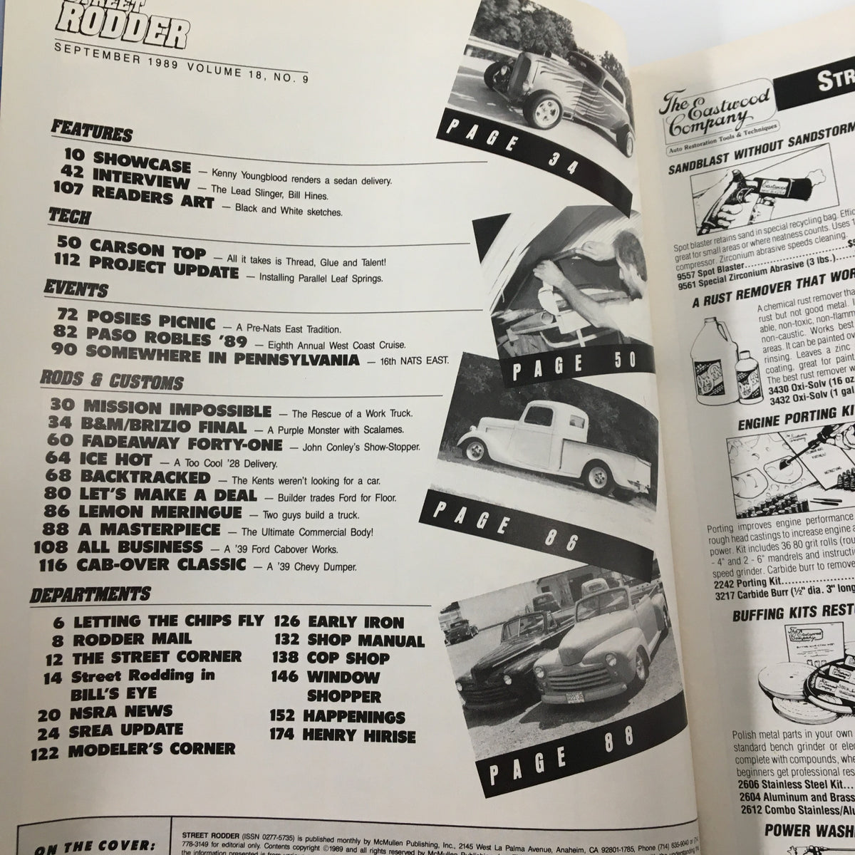 Interior page of VTG Street Rodder Magazine September 1989 featuring the table of contents, including articles on the B&M Brizio Project and other street rod culture topics.