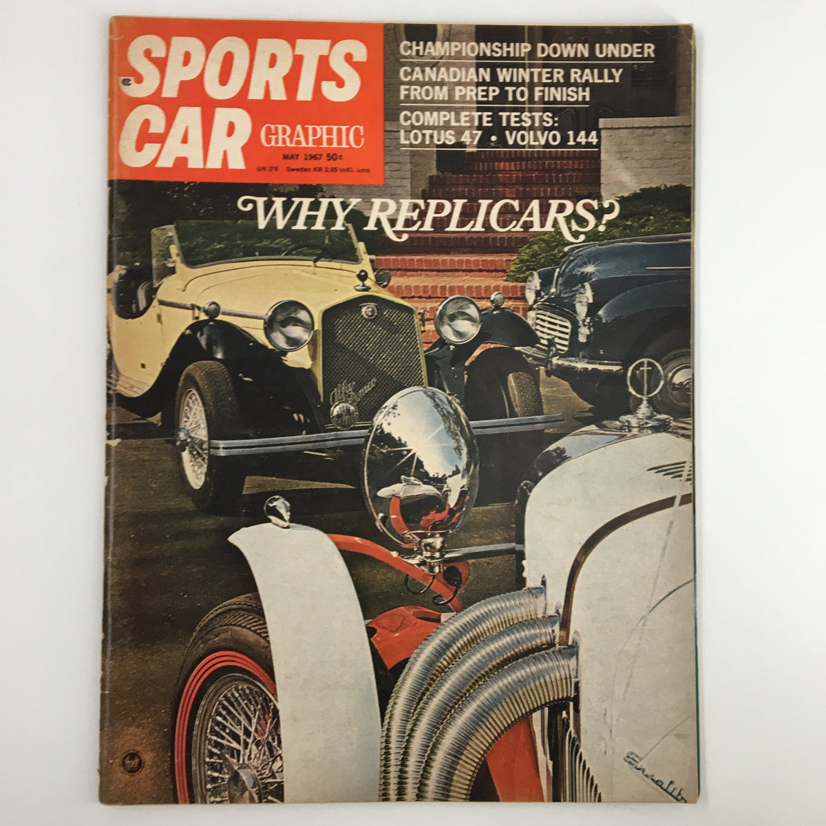 Cover of the VTG Sports Car Graphic Magazine May 1967 featuring a classic automotive scene with vintage cars, highlighting a road test of the Lotus 47 and Volvo 144, suitable for collectors and enthusiasts.