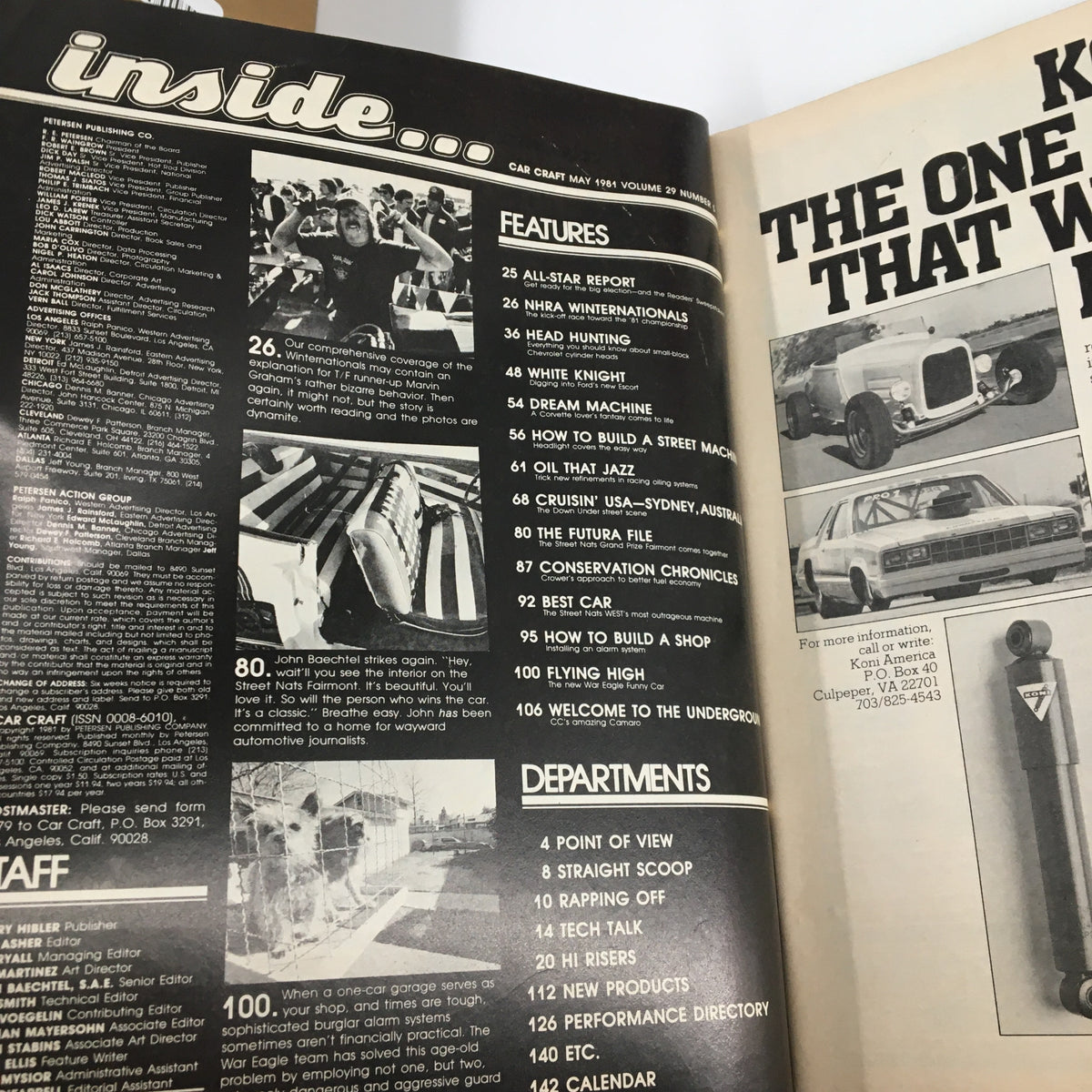 Inside pages of VTG Car Craft Magazine May 1981 displaying the table of contents, showcasing features on building street machines and automotive industry insights.