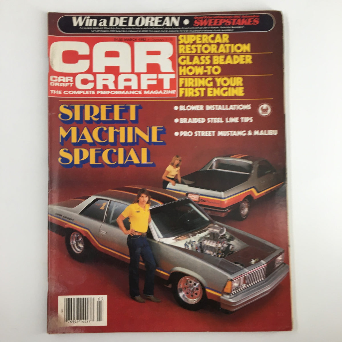 Car Craft Magazine March 1982 cover featuring a Street Machine Special theme, showcasing a vintage car with modifications and automotive graphics, emphasizing supercharger support systems.