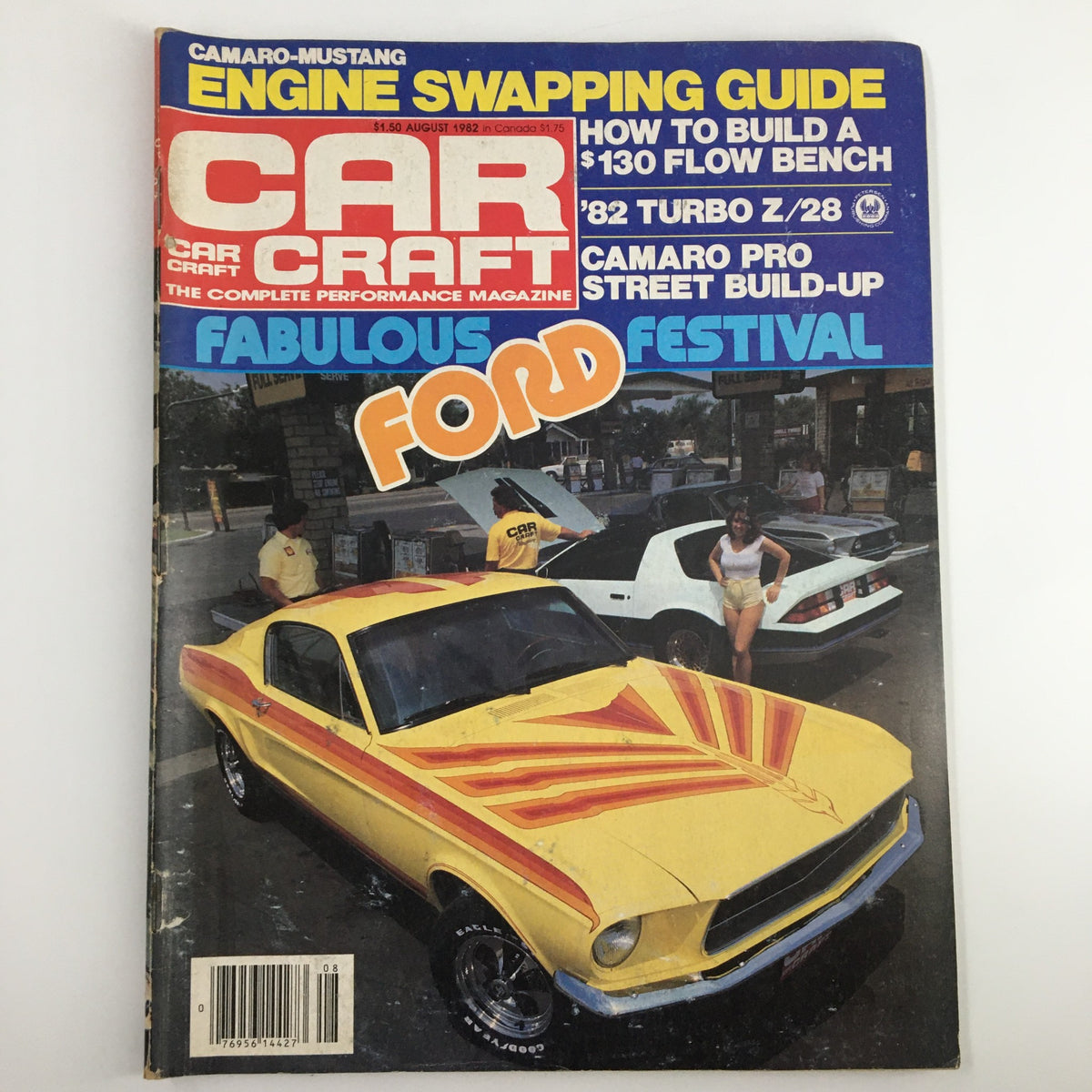 Cover of VTG Car Craft Magazine August 1982 showcasing the Camaro Pro Street Build-Up with featured Ford car and a woman near a white vehicle, emphasizing the magazine's theme of automotive performance.