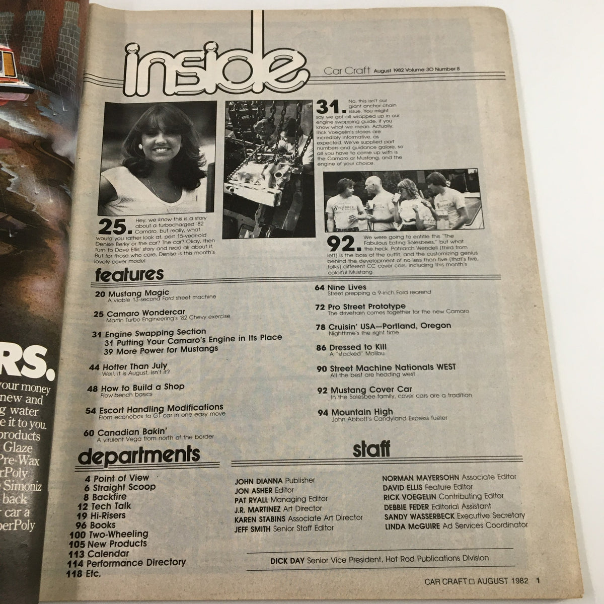 Inside page of VTG Car Craft Magazine August 1982 displaying the contents and features including Mustang Magic, Engine Swapping Section, and Camaro Wondercar, providing insights into automotive tuning culture.