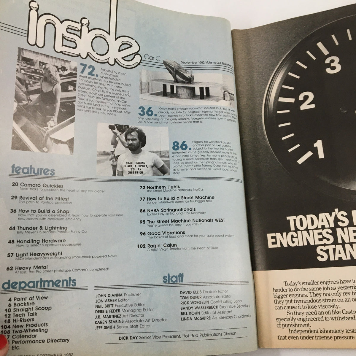 Inside contents of VTG Car Craft Magazine September 1982 featuring articles on Pontiac Supercar Restoration, street machine building, Camaros, and more.
