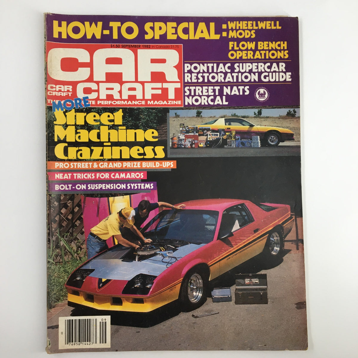 Cover of VTG Car Craft Magazine September 1982 titled 'More Street Machine Craziness', showcasing a vibrant pink and yellow car with automotive enthusiasts working on it.