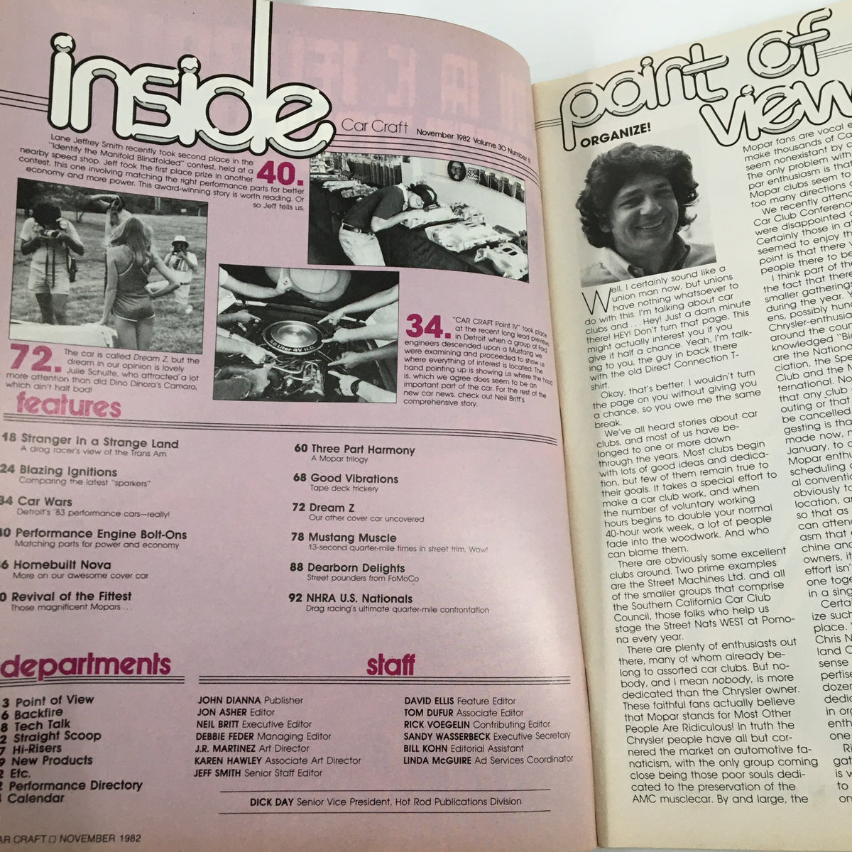 Inside page of VTG Car Craft Magazine November 1982 displaying an index of features and departments, highlighting articles related to car performance, ignition systems, and automotive culture.