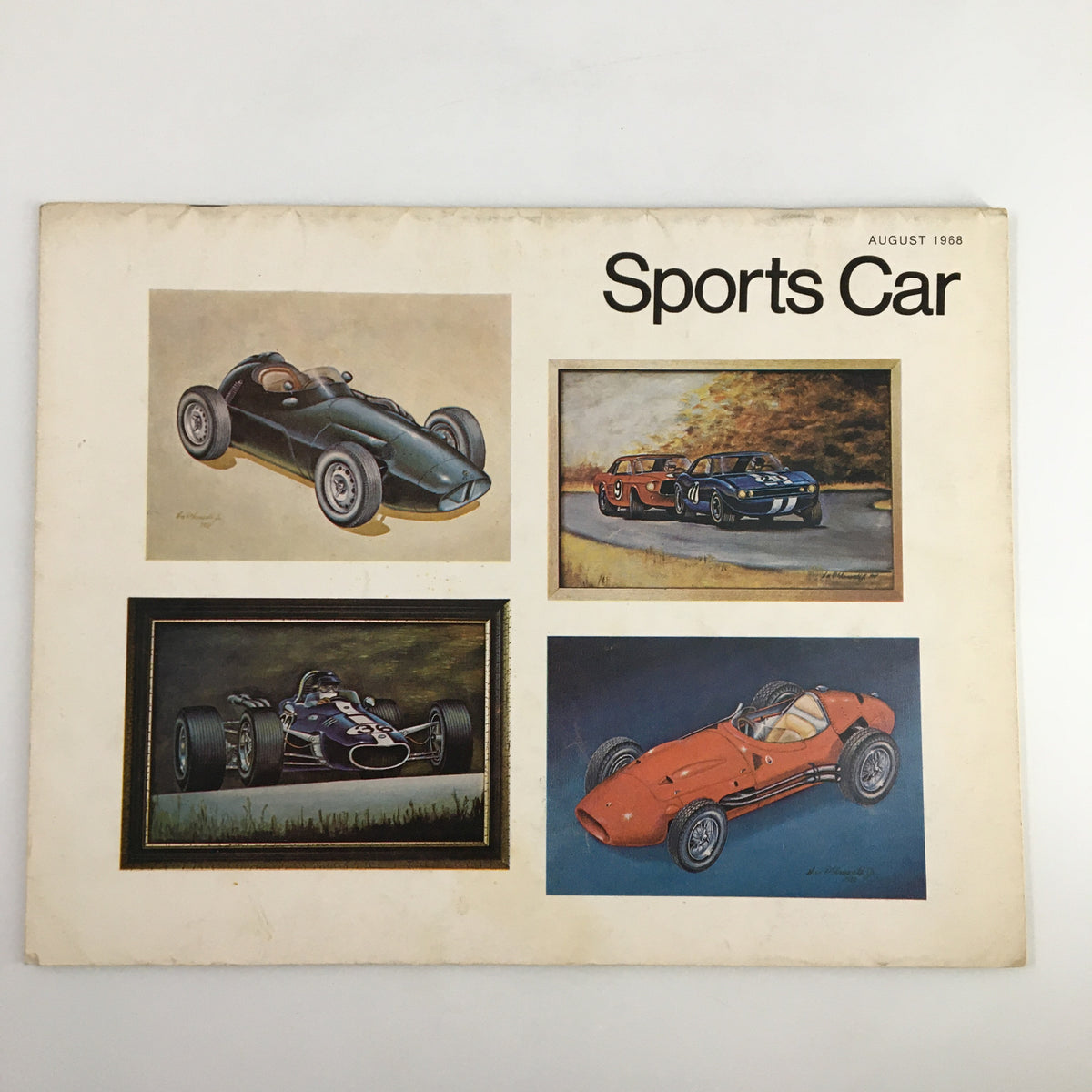 VTG Sports Car Magazine August 1968 featuring artistic illustrations of classic racing cars on the cover, showcasing the excitement of motorsports.
