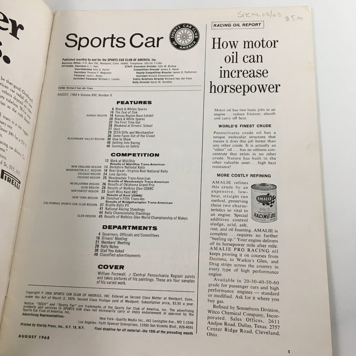 Inside page of VTG Sports Car Magazine August 1968, displaying the table of contents and features related to various racing events, including motor oil insights.