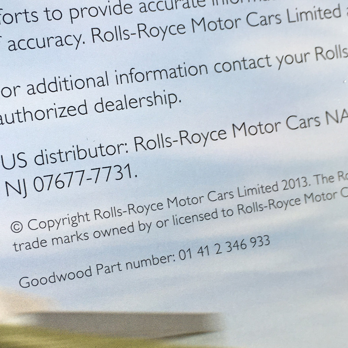 Detailed view of the copyright information on the 2013 Rolls Royce Provenance Collection Dealership Car Auto Brochure Catalog, emphasizing the authenticity and heritage of the Rolls Royce brand.