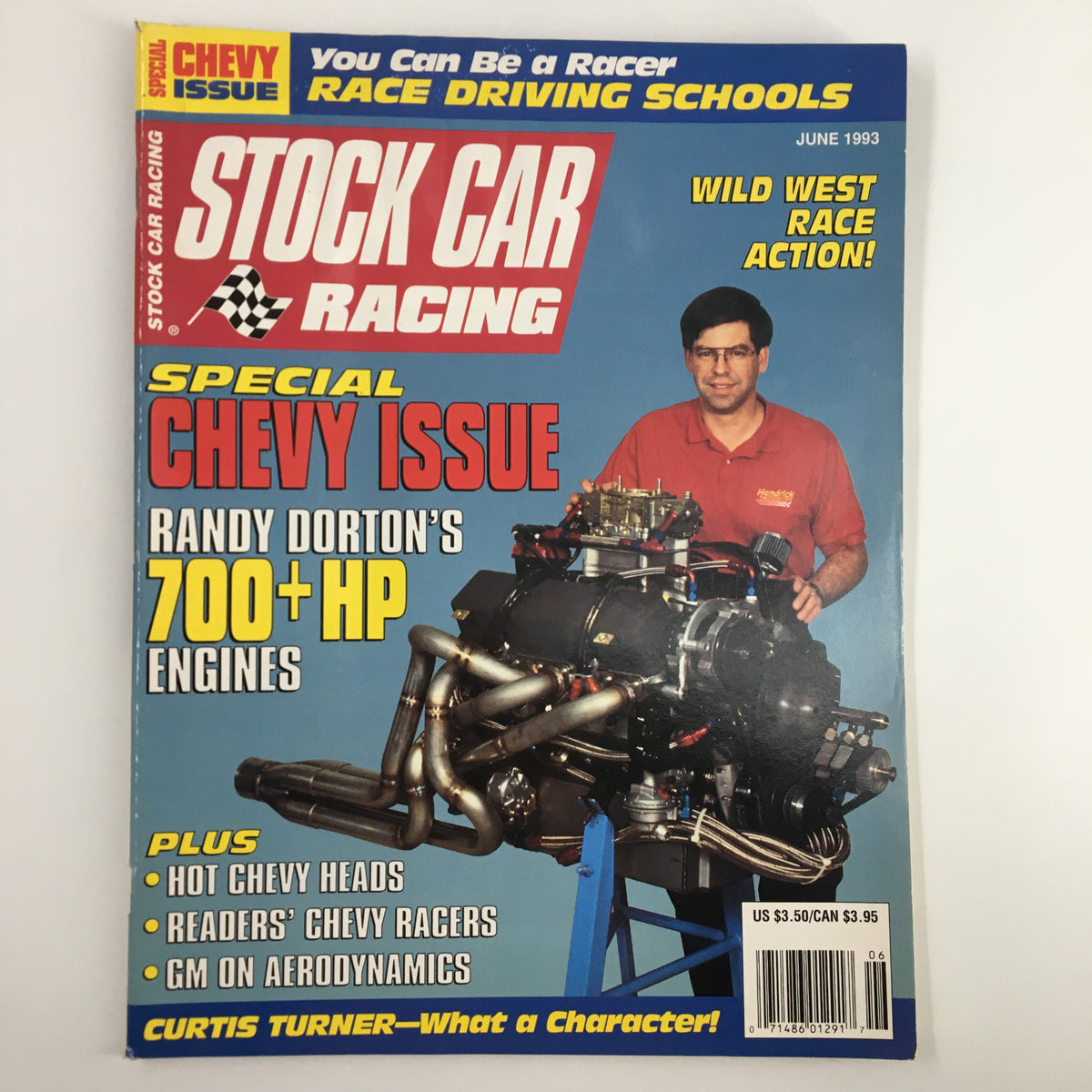 Stock Car Racing Magazine June 1993 featuring Randy Dorton with a high-performance engine, showcasing a special Chevy issue with content on 700+ HP engines and race driving schools.