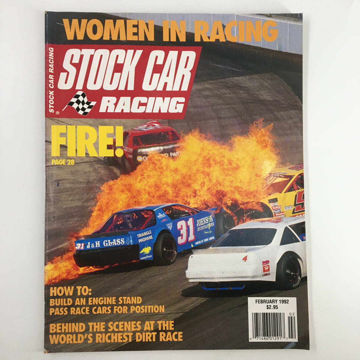 Cover of Stock Car Racing Magazine February 1992 featuring a fiery late model stock car with the title 'FIRE!' and a tagline on women in racing.
