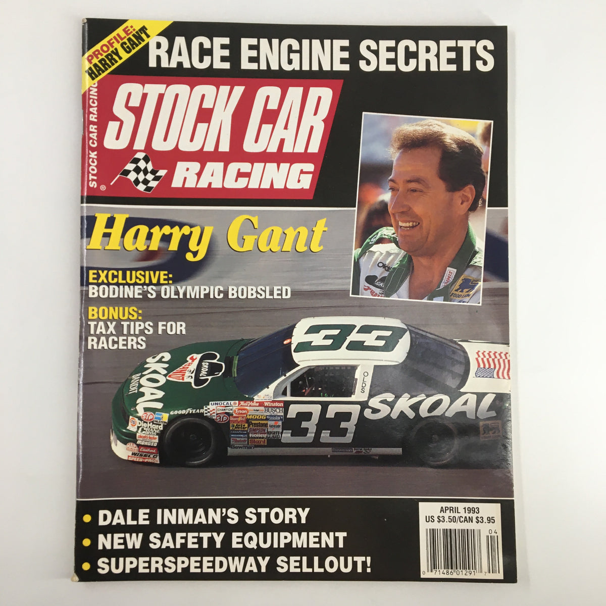 Stock Car Racing Magazine April 1993 featuring Harry Gant, showcasing his profile with a green race car number 33, accompanied by articles on racing secrets and tax tips for racers.