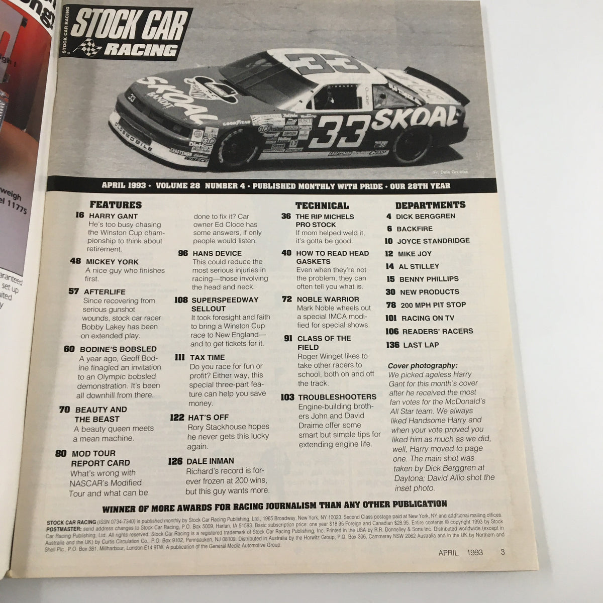 Inside page of Stock Car Racing Magazine April 1993 featuring Harry Gant, the McDonald All-Star Team, and a detailed table of contents highlighting racing features and articles.