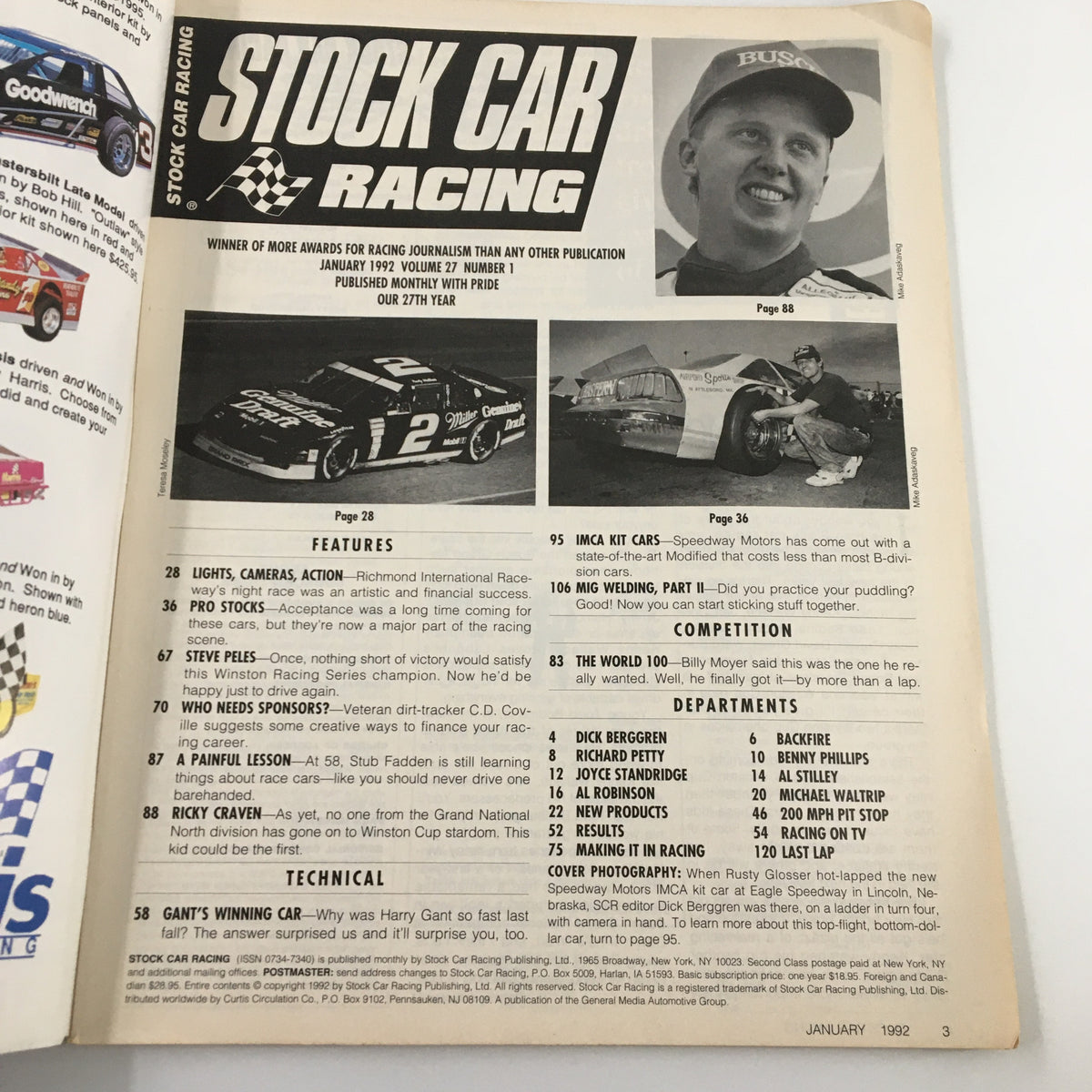 Interior page of Stock Car Racing Magazine January 1992 showcasing features, technical articles, and notable highlights from the racing circuit.
