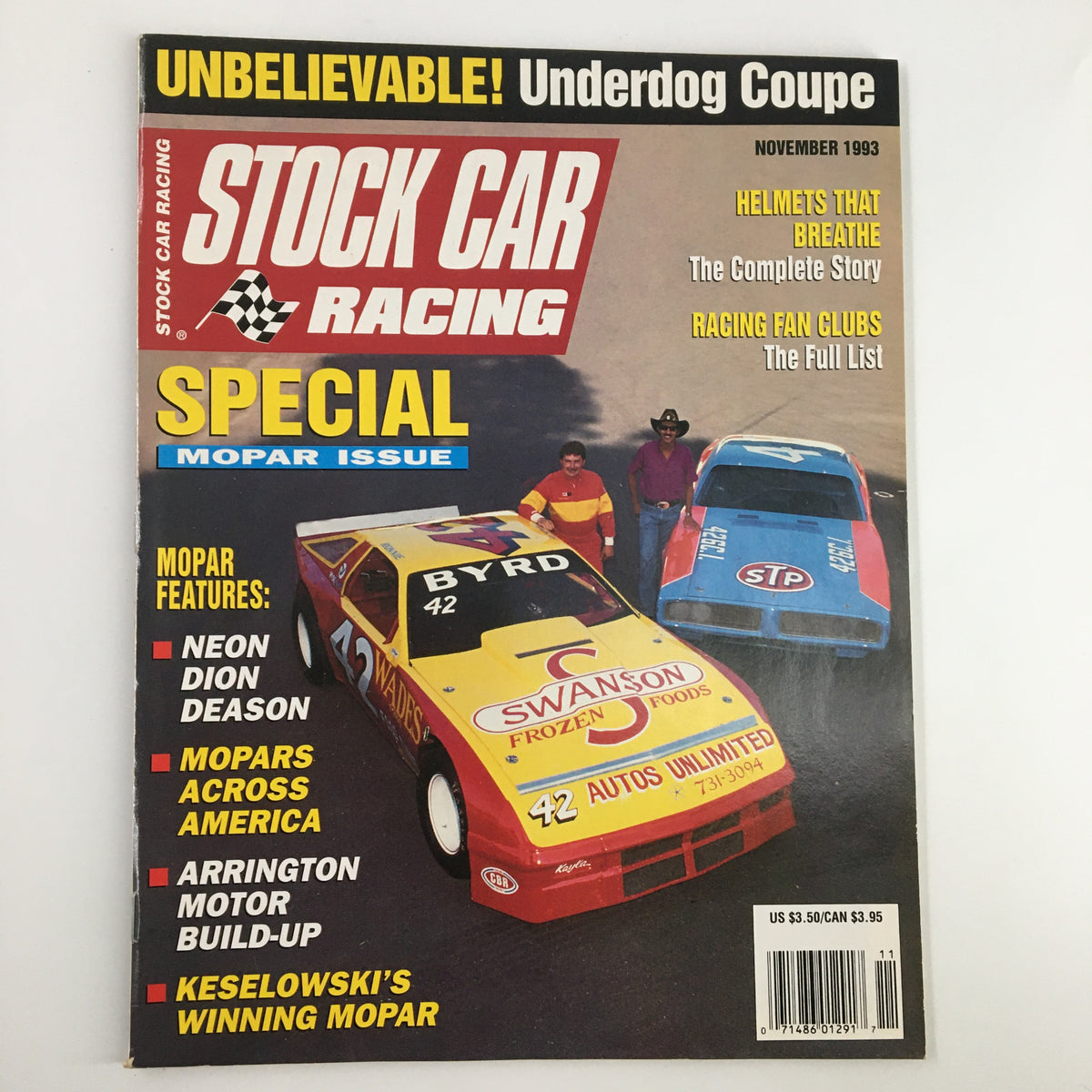 Cover of Stock Car Racing Magazine, November 1993, featuring special Mopar issue highlighting racing cars and drivers, with a vibrant yellow and red car in focus.