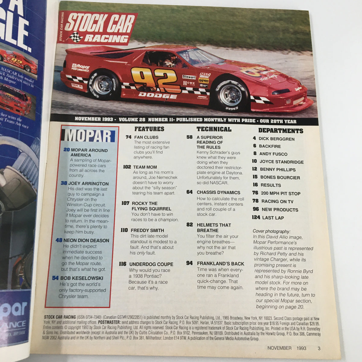Inside page of Stock Car Racing Magazine, November 1993, showcasing features and technical sections related to Mopar cars, with racing statistics and driver profiles.