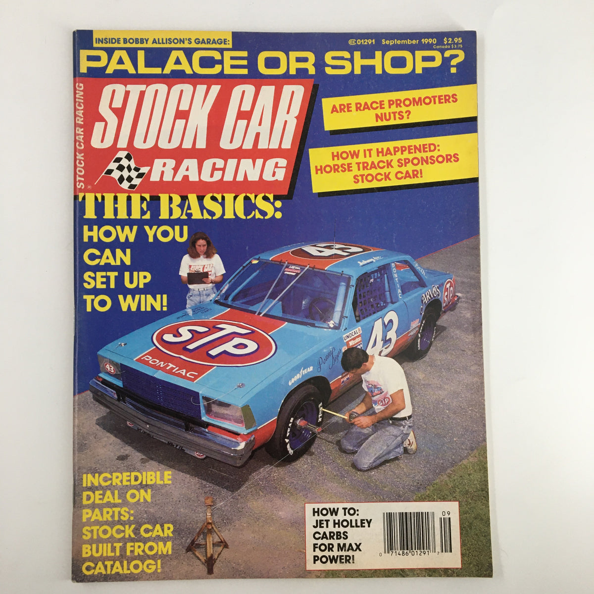 Stock Car Racing Magazine September 1990 cover featuring an STP-branded race car and a mechanic working on it, showcasing key articles and insights into NASCAR, perfect for racing enthusiasts.
