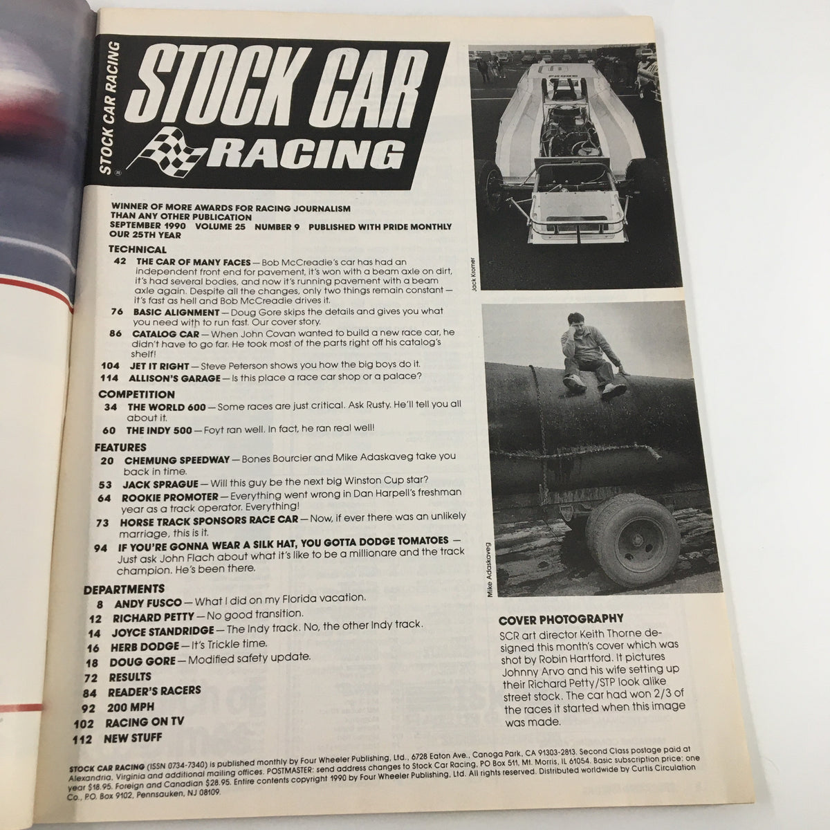 Stock Car Racing Magazine September 1990 featuring a table of contents with articles on NASCAR, technical insights, and highlights from the racing season. This issue includes content about famous racers and key events, showcasing the essence of 1990s stock car racing culture.