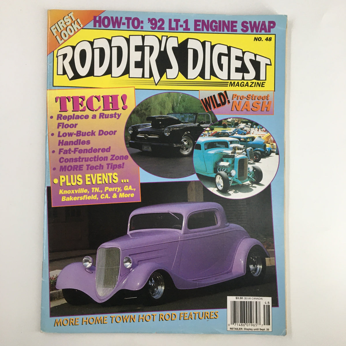 Rodder's Digest Magazine August 1992, featuring fat-fendered cars and automotive culture on the cover, showcasing highlighted articles and visuals.