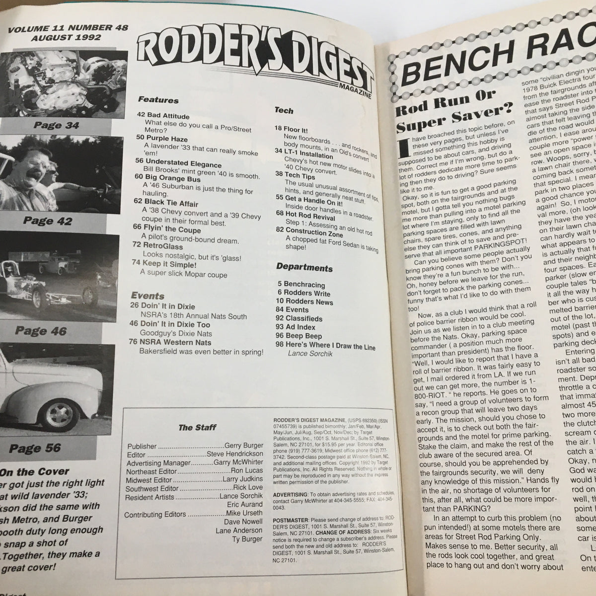 Inside view of Rodder's Digest Magazine August 1992, detailing features, tech tips, and events relevant to classic car enthusiasts.
