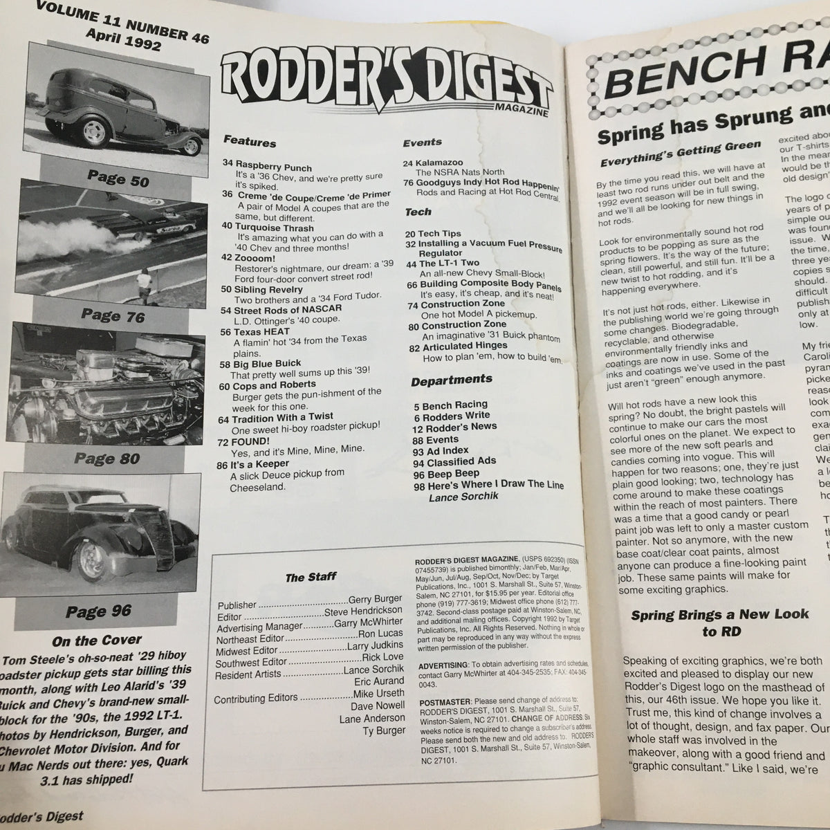 Interior pages of Rodder's Digest Magazine April 1992 showcasing features, events, departments, and staff details, emphasizing classic car culture and automotive articles.