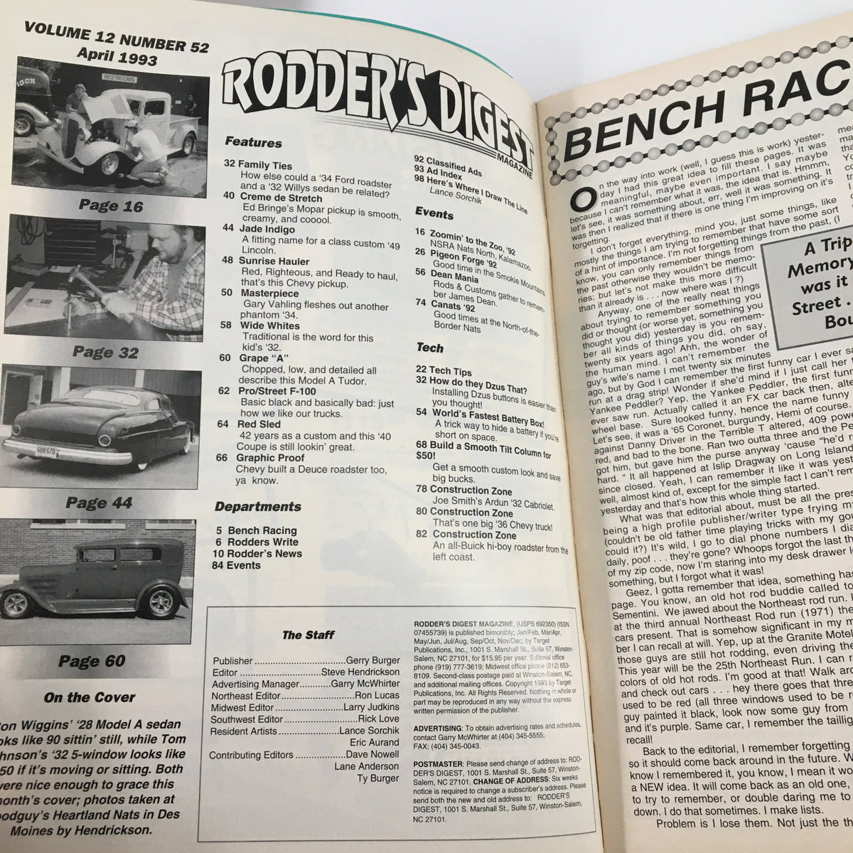 Interior pages of Rodder's Digest Magazine April 1993 showcasing features, events, and a glimpse of classic cars, reflecting vintage automotive culture.
