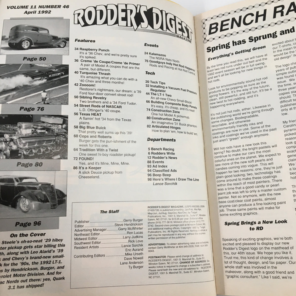 Interior pages of Rodder's Digest Magazine April 1992 showcasing featured articles, events, and automotive highlights.