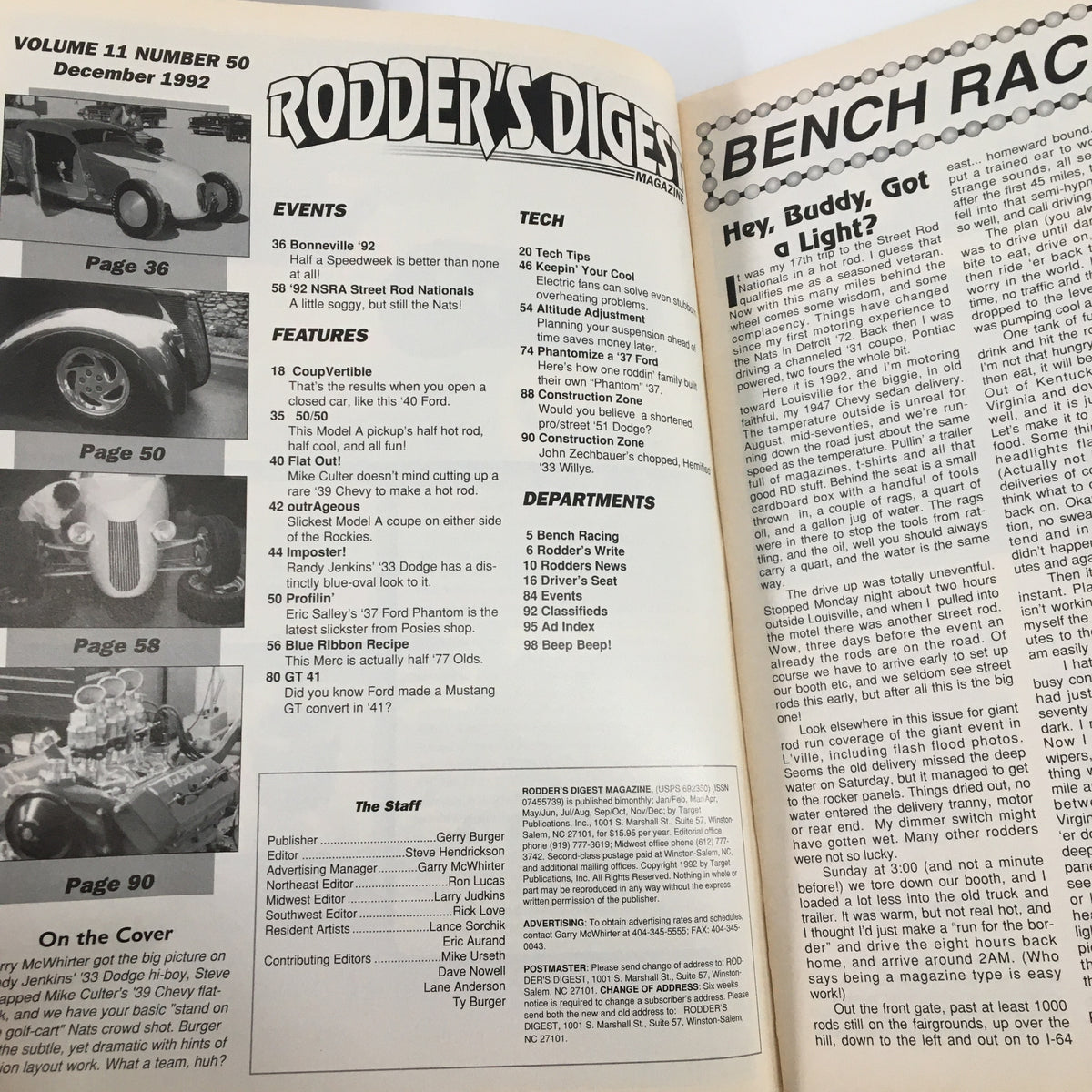 Interior page of Rodder's Digest Magazine December 1992 displaying magazine index and feature articles, including coverage of Randy Jenkins' iconic '33 Dodge and other classic car topics relevant to automotive enthusiasts.