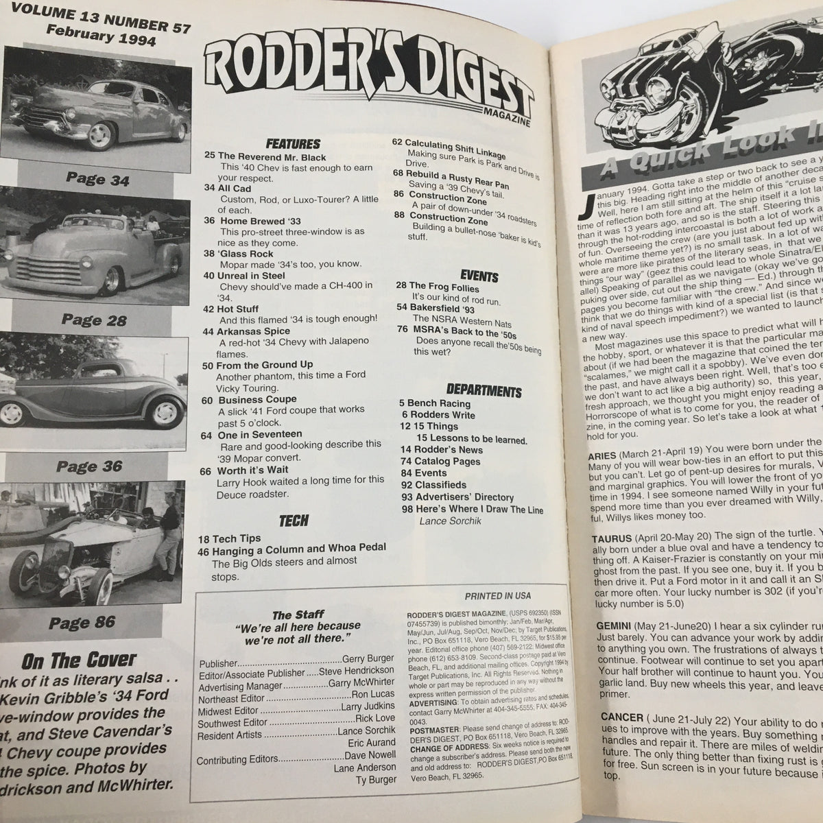 Internal pages of Rodder's Digest Magazine February 1994 displaying the table of contents, highlighting various features and sections related to classic cars and hot rod culture.