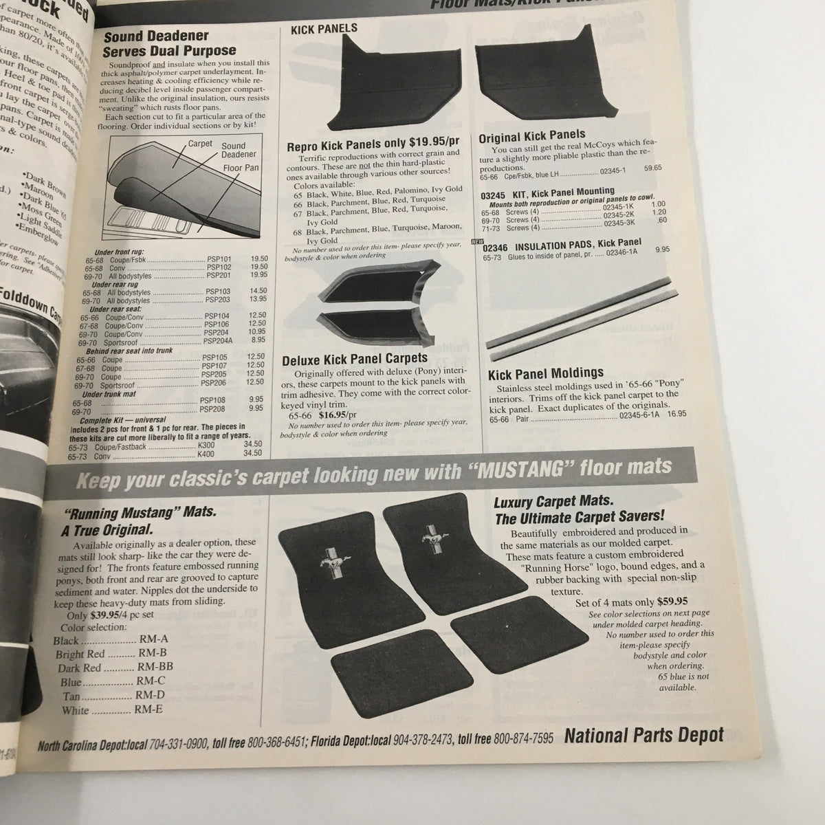 Interior page displaying Kick Panels and related products from the 1965-1973 The Mustang Parts & Accessories Catalog.