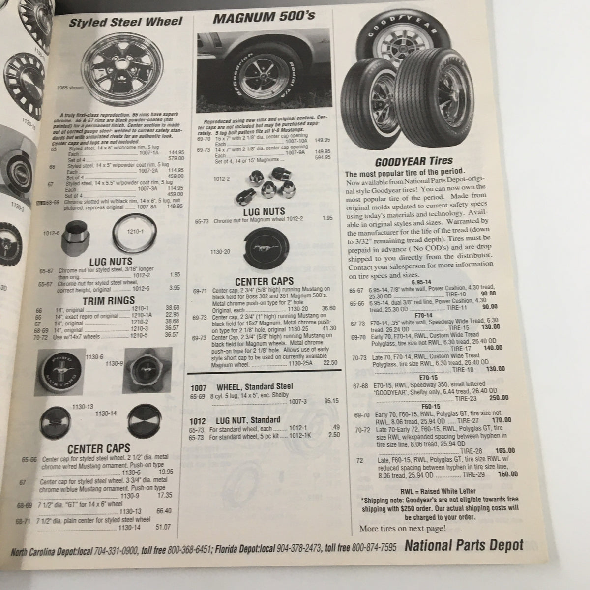 Interior page highlighting Styled Steel Wheels and Magnum 500's with Goodyear Tires from the 1965-1973 The Mustang Parts & Accessories Catalog.