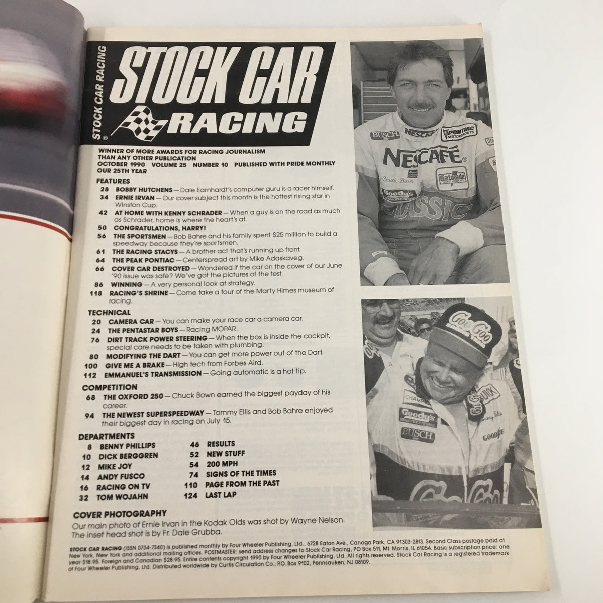 Inside page of Stock Car Racing Magazine, October 1990 issue. It features a list of articles and highlights on various topics including racing strategies and car technology, reflecting the magazine's rich content.