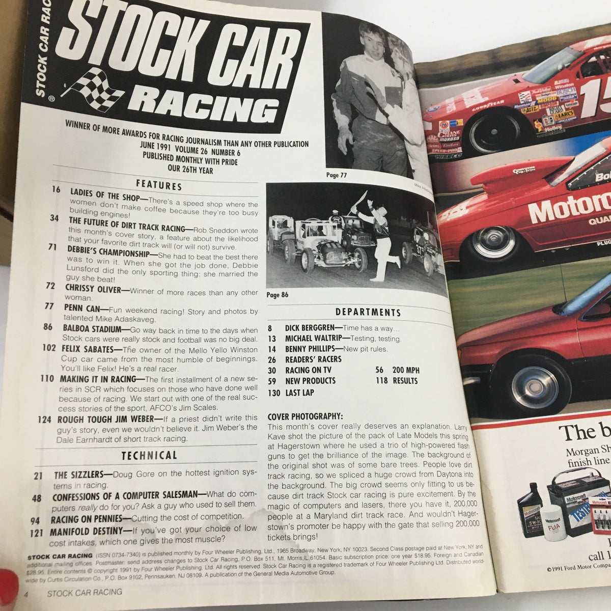 Interior page of Stock Car Racing Magazine June 1991 documenting features and departments, including articles on women in racing and dirt track racing, emphasizing the magazine's rich content.