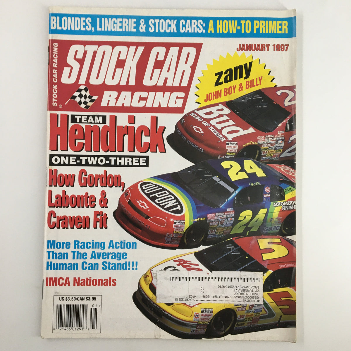 Cover of Stock Car Racing Magazine January 1997 featuring Team Hendrick with cars and headlines about championship contenders Gordon, Labonte, and Craven.