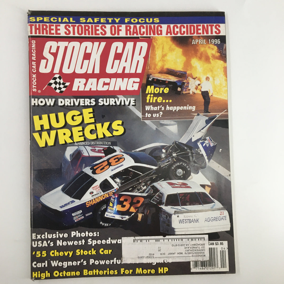 Cover of Stock Car Racing Magazine April 1996 featuring the headline 'Mechanical Carnage Southwest Tour Phoenix' with images of crashed stock cars and the title in bold red text.