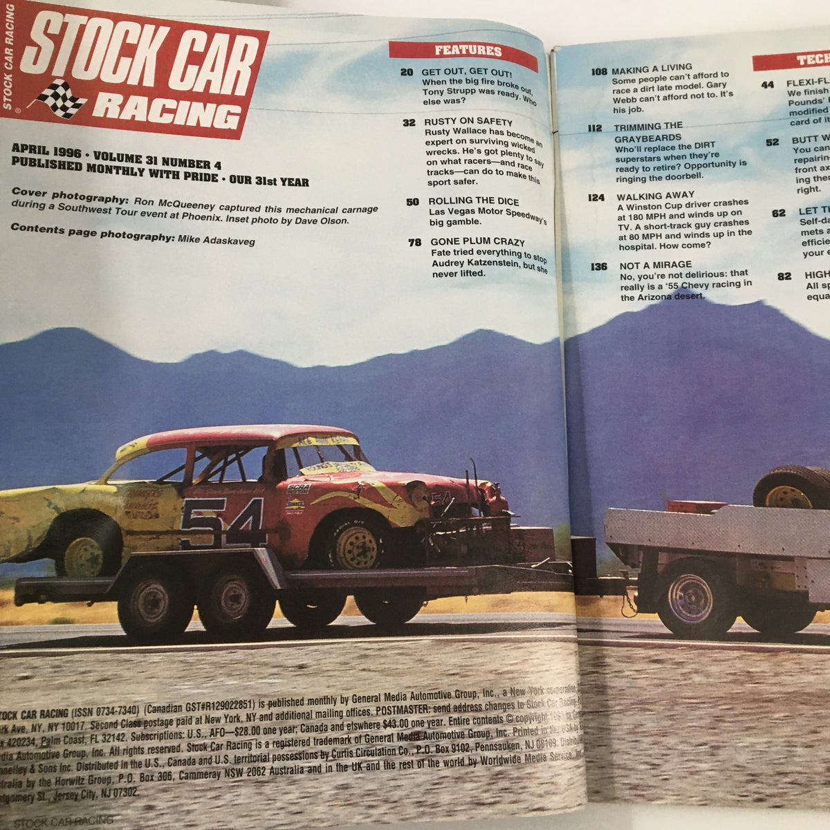 Inside spread of Stock Car Racing Magazine April 1996 showcasing feature articles and photos related to racing safety and mechanics, focusing on the magazine's 31st year.