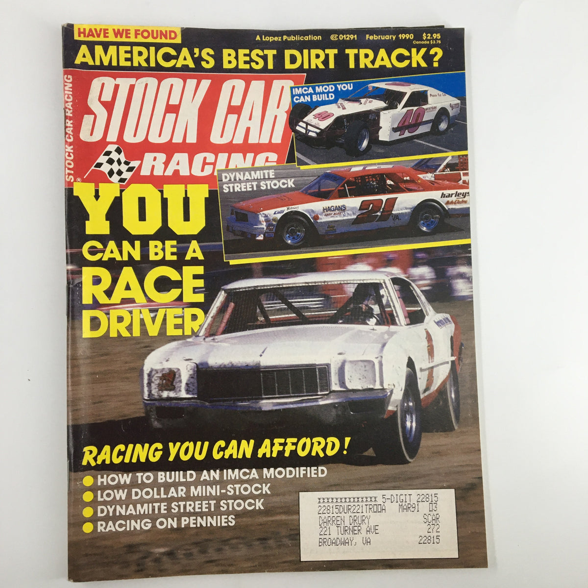Stock Car Racing Magazine February 1990 featuring Jim Doffing's Phoenix Based IMCA on the cover, showcasing colorful graphics and images of racing cars.