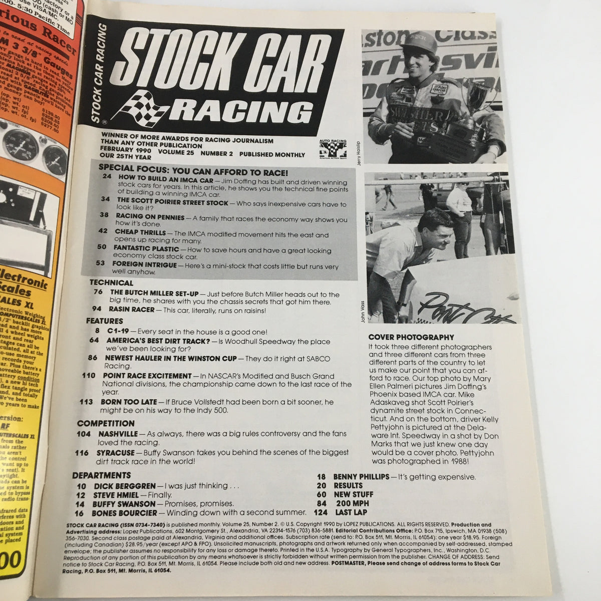 Inside page of Stock Car Racing Magazine February 1990, highlighting articles and features, including a focus on IMCA racing and the technical aspects of building racing cars.