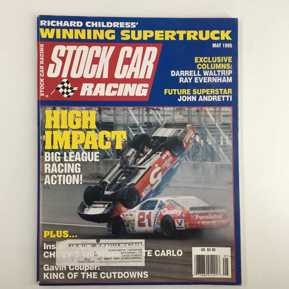 Cover of Stock Car Racing Magazine May 1995, featuring high-impact racing action and Bobby Bowsher's car at the Daytona ARCA 200 event.