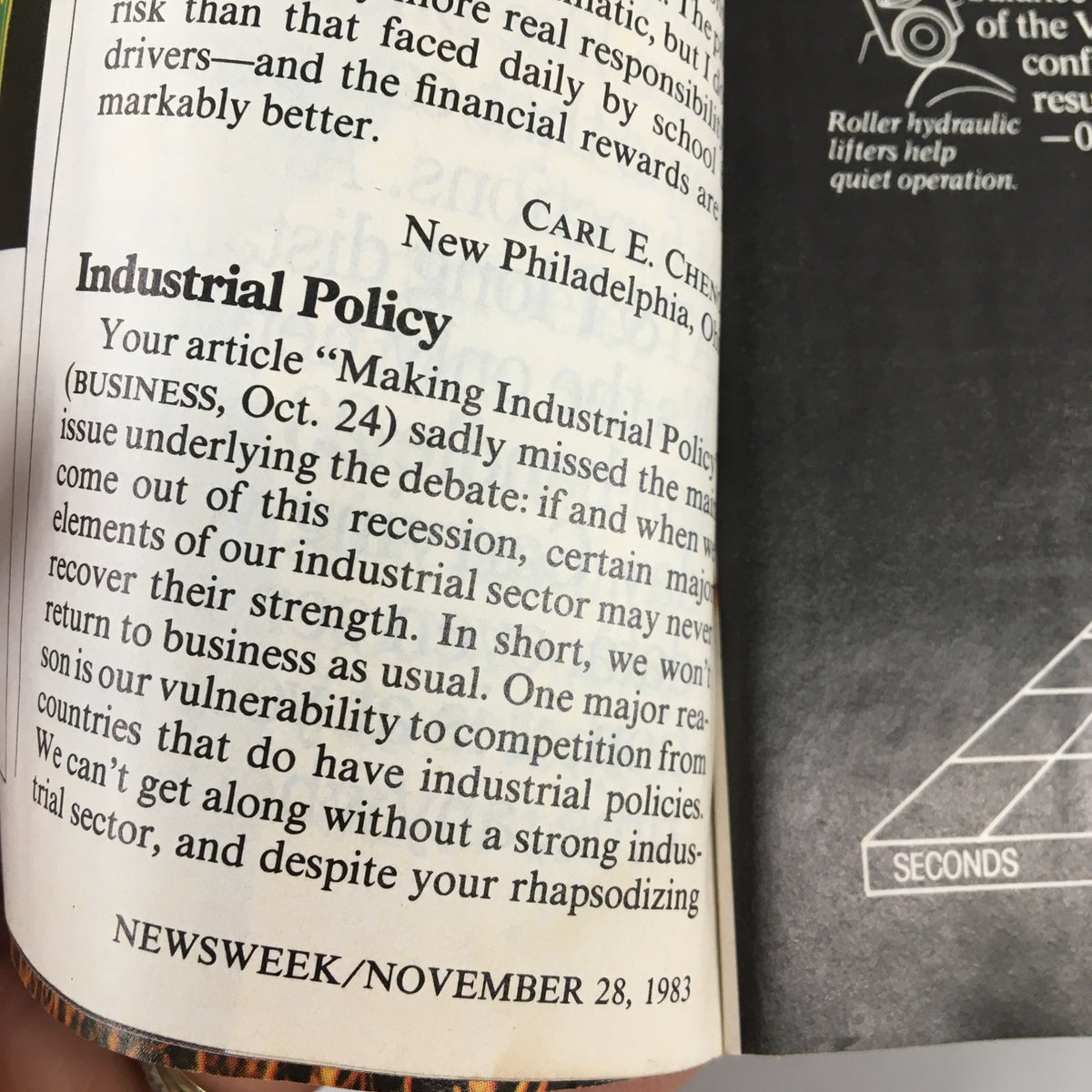 Interior page of VTG Newsweek Magazine from November 28, 1983, displaying an article titled 'Industrial Policy' and details from the publication.