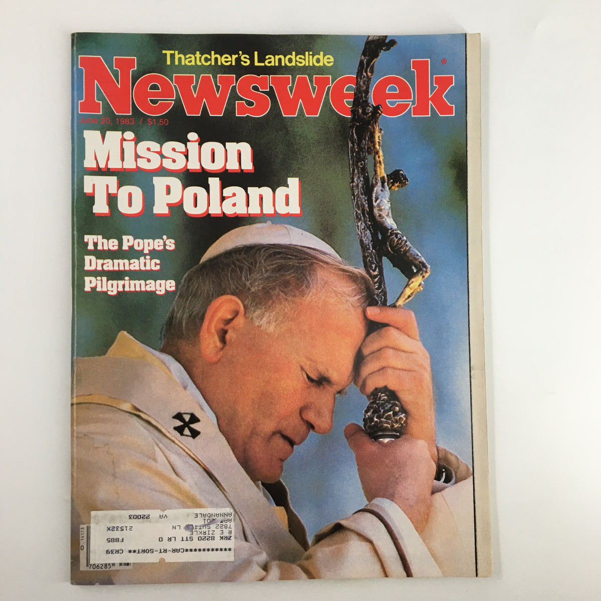 Vintage Newsweek magazine cover from June 20, 1983, featuring The Pope's Dramatic Pilgrimage in Poland, showcasing Pope John Paul II in prayer with a cross.