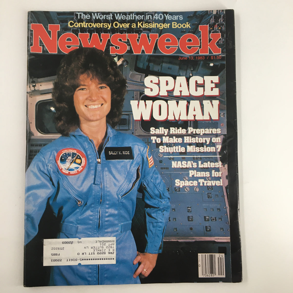 Vintage Newsweek magazine cover from June 13, 1983, featuring Sally Ride as 'Space Woman,' highlighting her Shuttle Mission 7 preparations and NASA's plans for space travel.